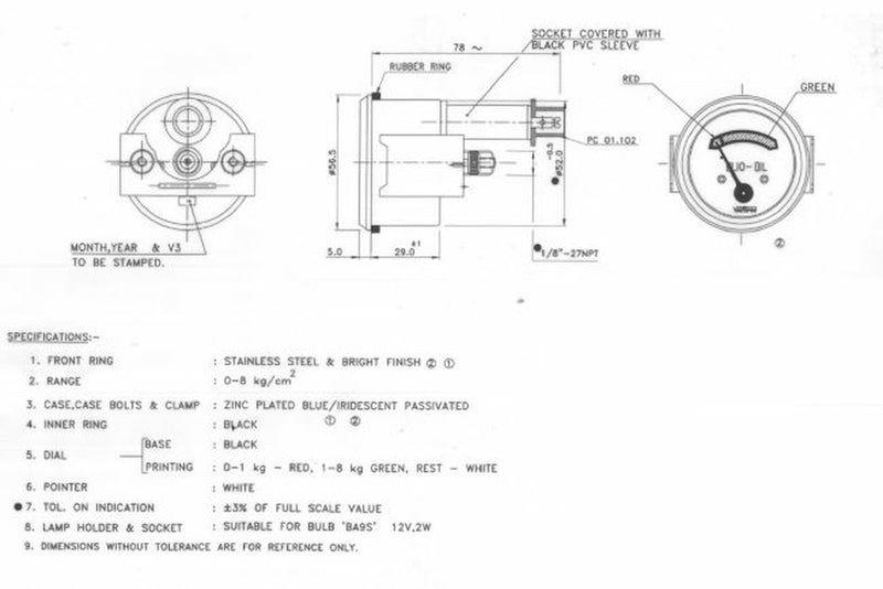 Manometro olio motore analogico 0-8bar filettatura 1/8" conico (2)